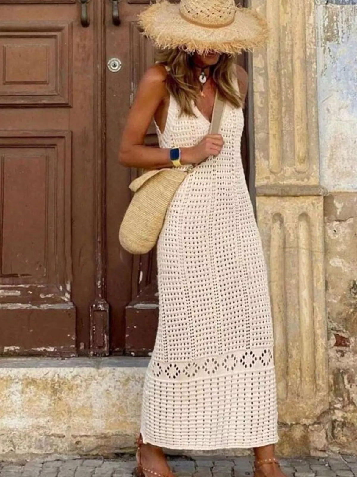 Sleeveless Crochet Knit Cover Up Maxi Dress