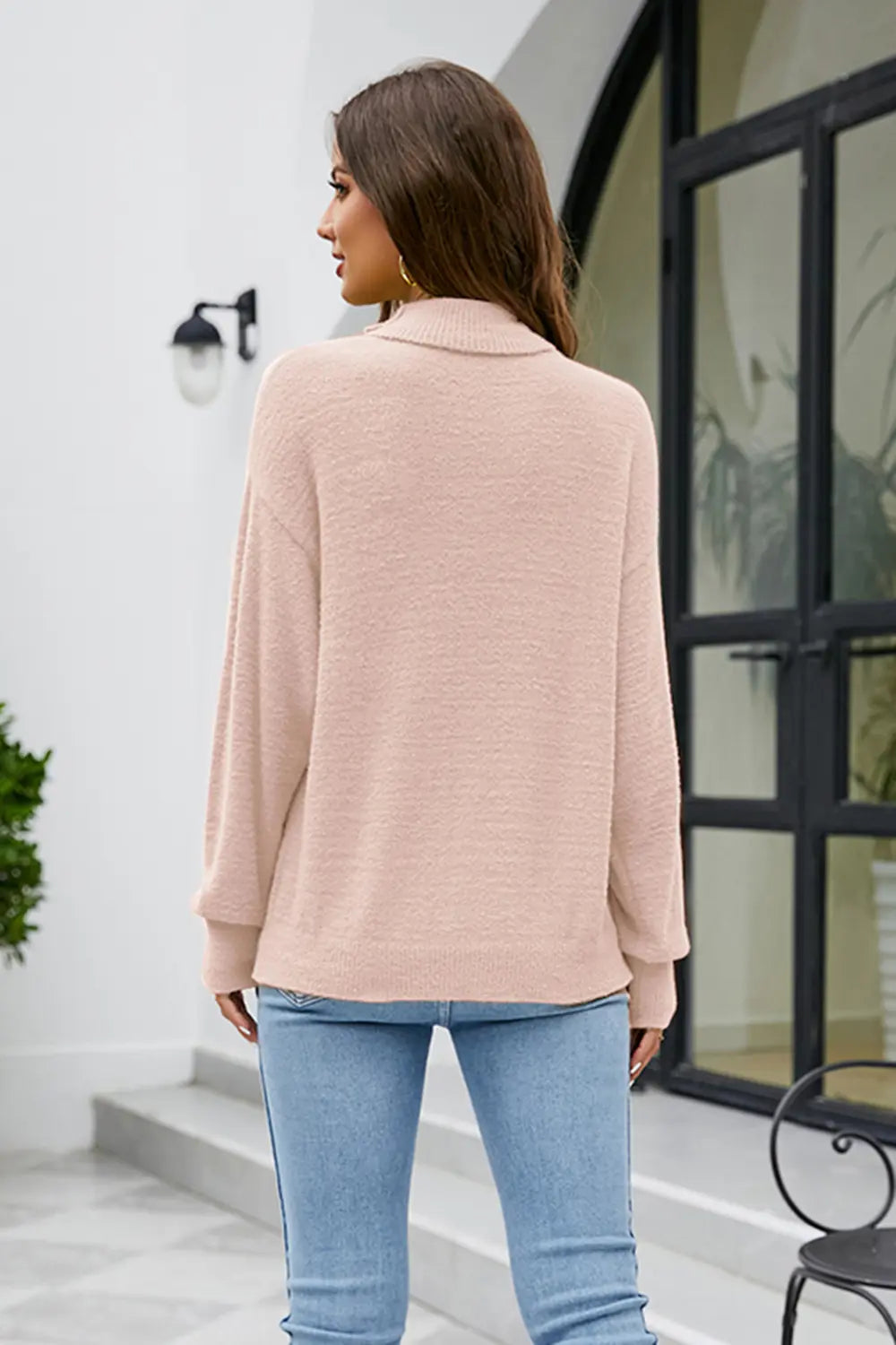 Mock Neck Dropped Shoulder Long Sleeve Sweater (13)