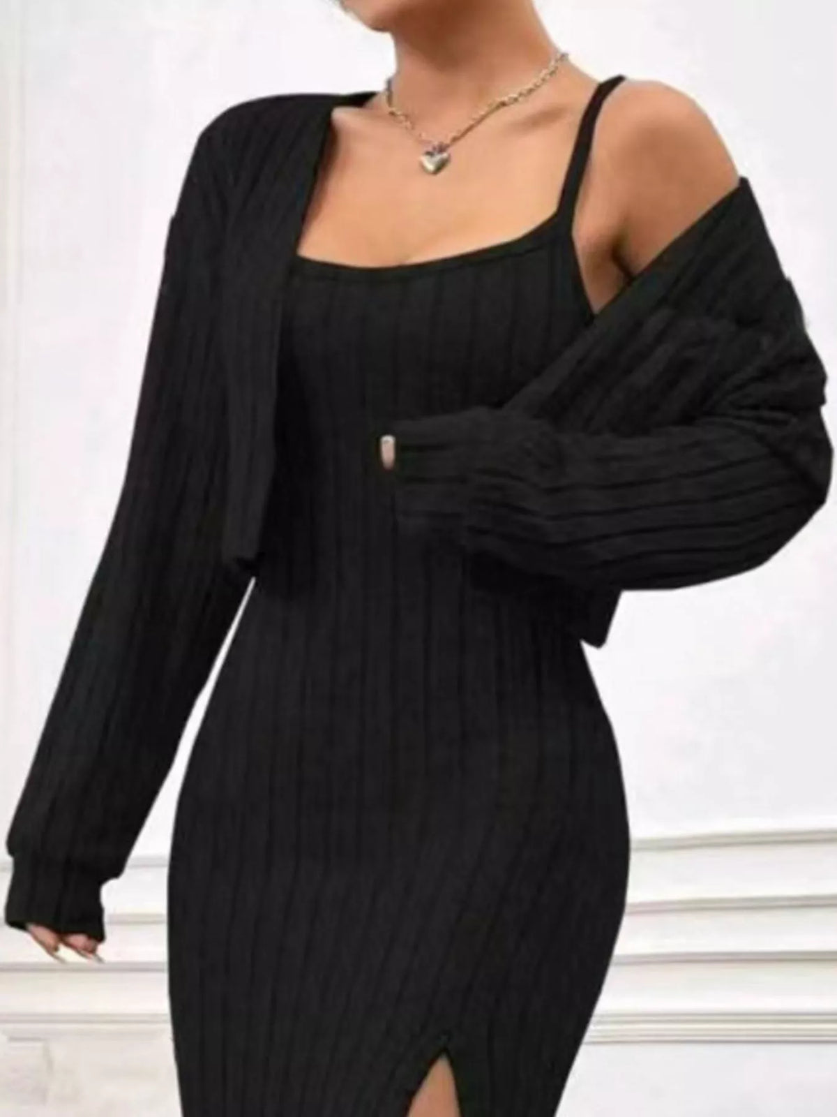 Ribbed Knit Cami Dress Cardigan Set (3)