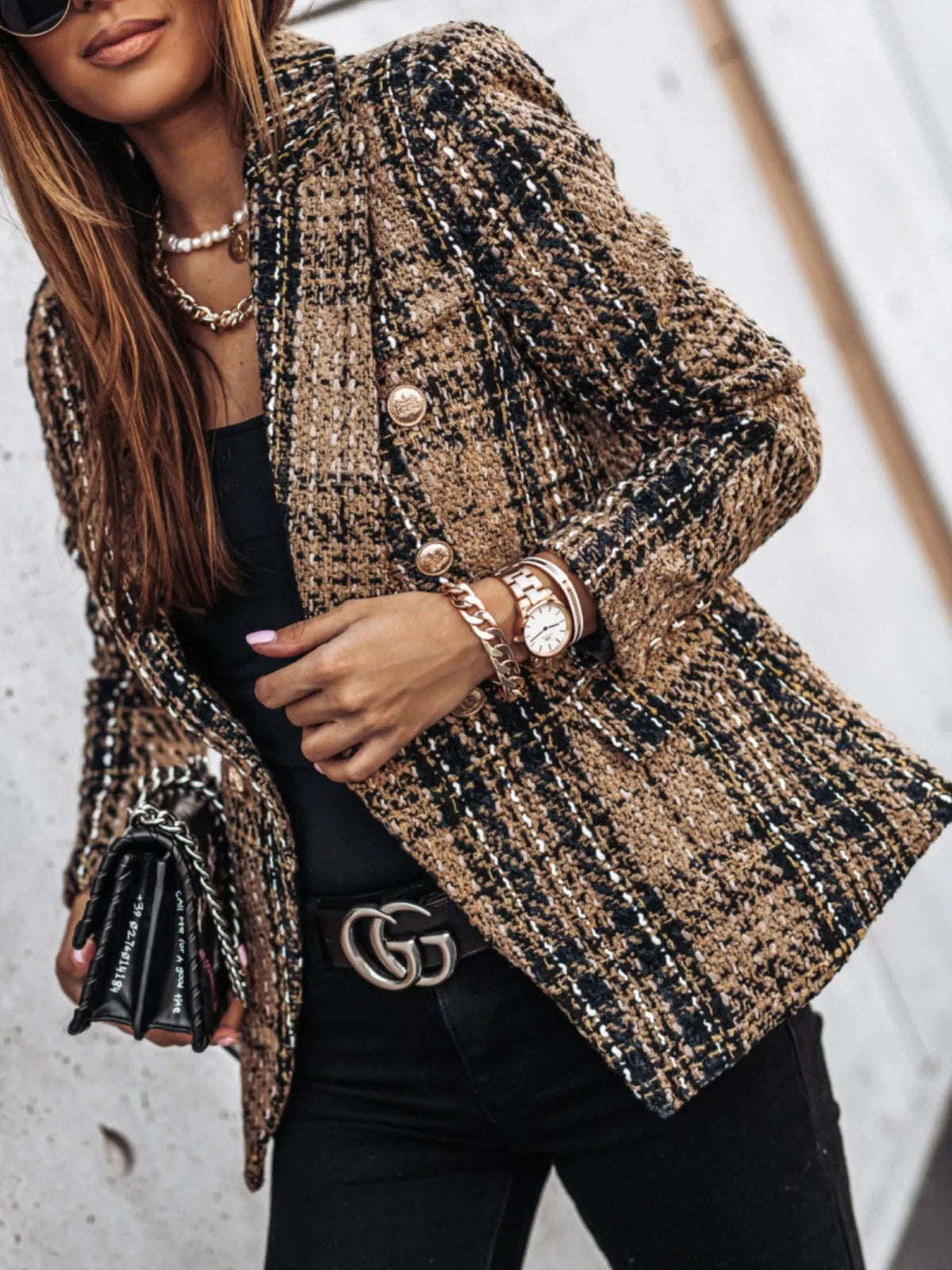 Full Size Plaid Tweed Double-breasted Blazer Plus (9)
