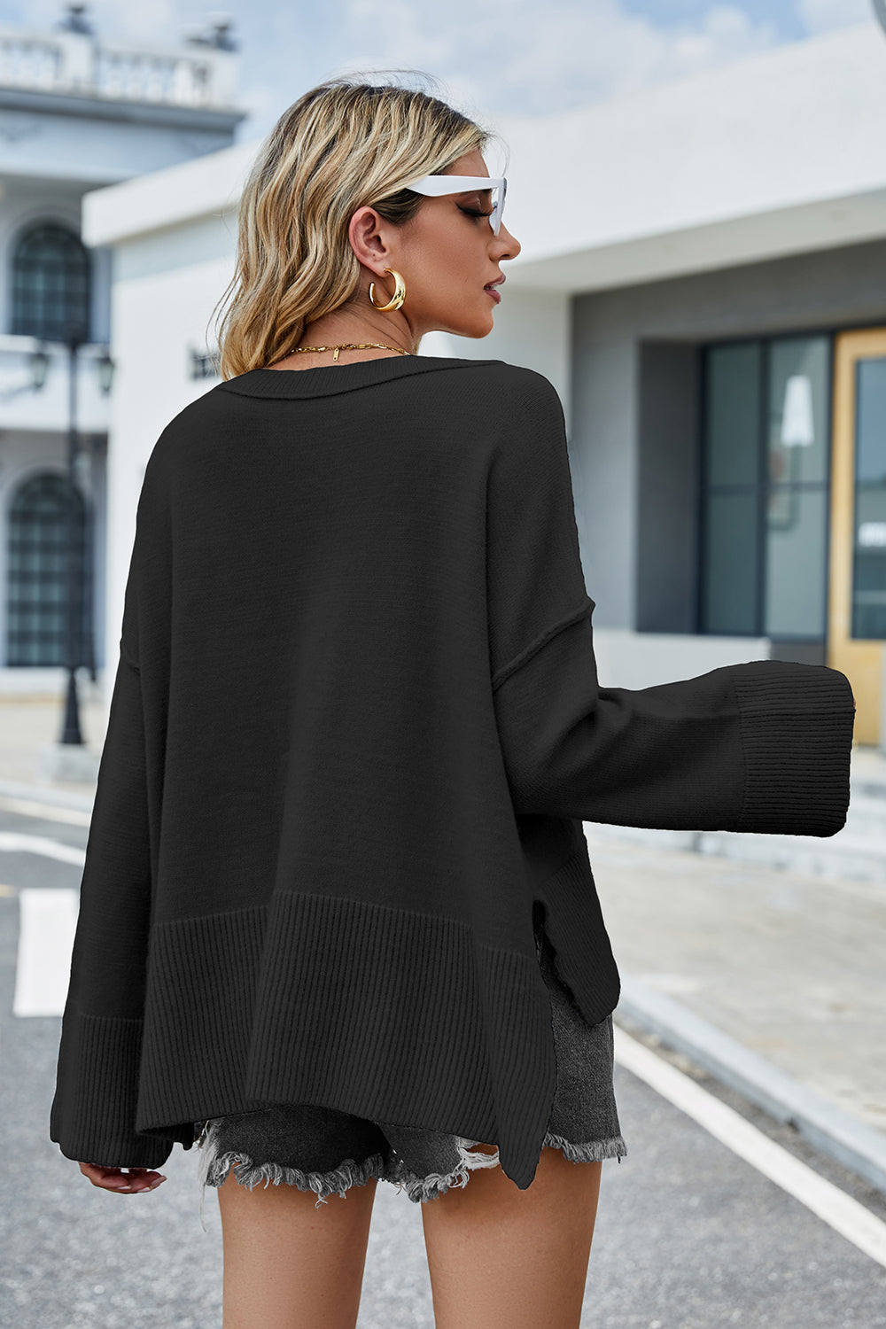 Round Neck Dropped Shoulder Slit Sweater (8)