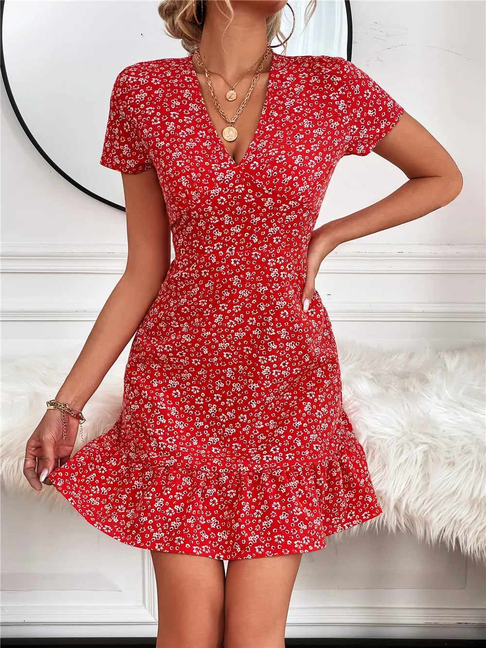 Printed Ruffled Hem V-neck Short Sleeve Mini Dress (3)