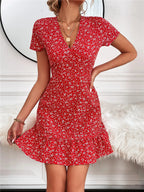 Printed Ruffled Hem V-neck Short Sleeve Mini Dress (3)