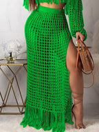 Full Size Crochet Off-shoulder Fringe Top Skirt Set Plus (18)
