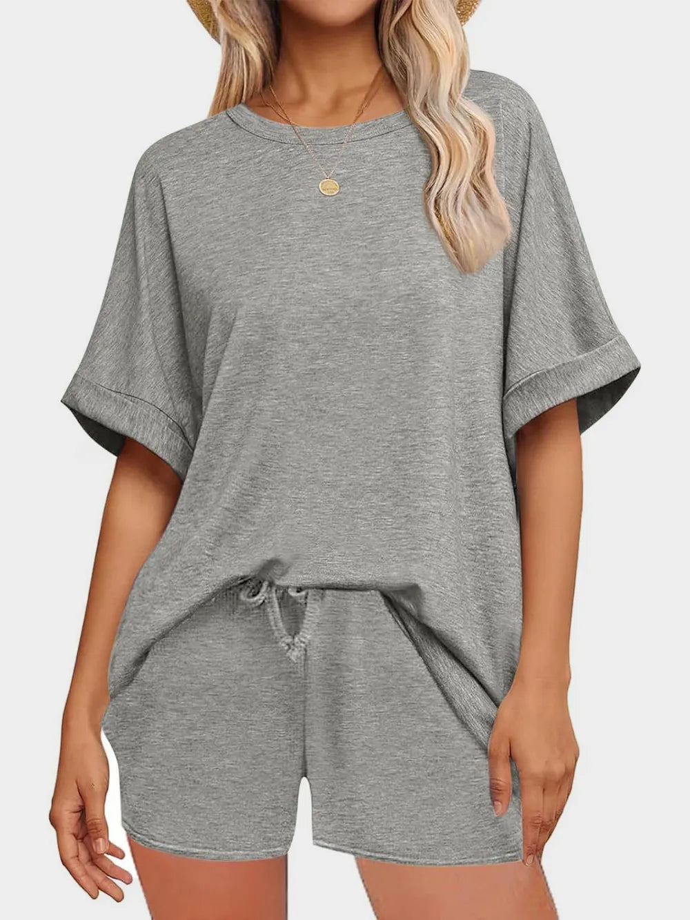 Round Neck T-shirt Drawstring Shorts Set (16)