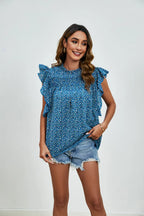 Ruffled Ditsy Floral Mock Neck Cap Sleeve Blouse (19)