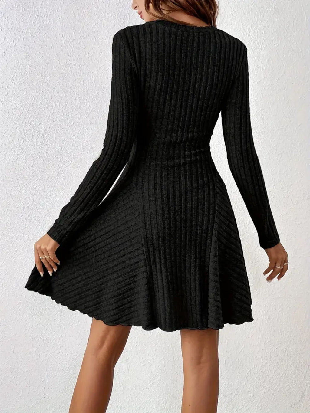 Ribbed Knit Long Sleeve A-line Dress (4)