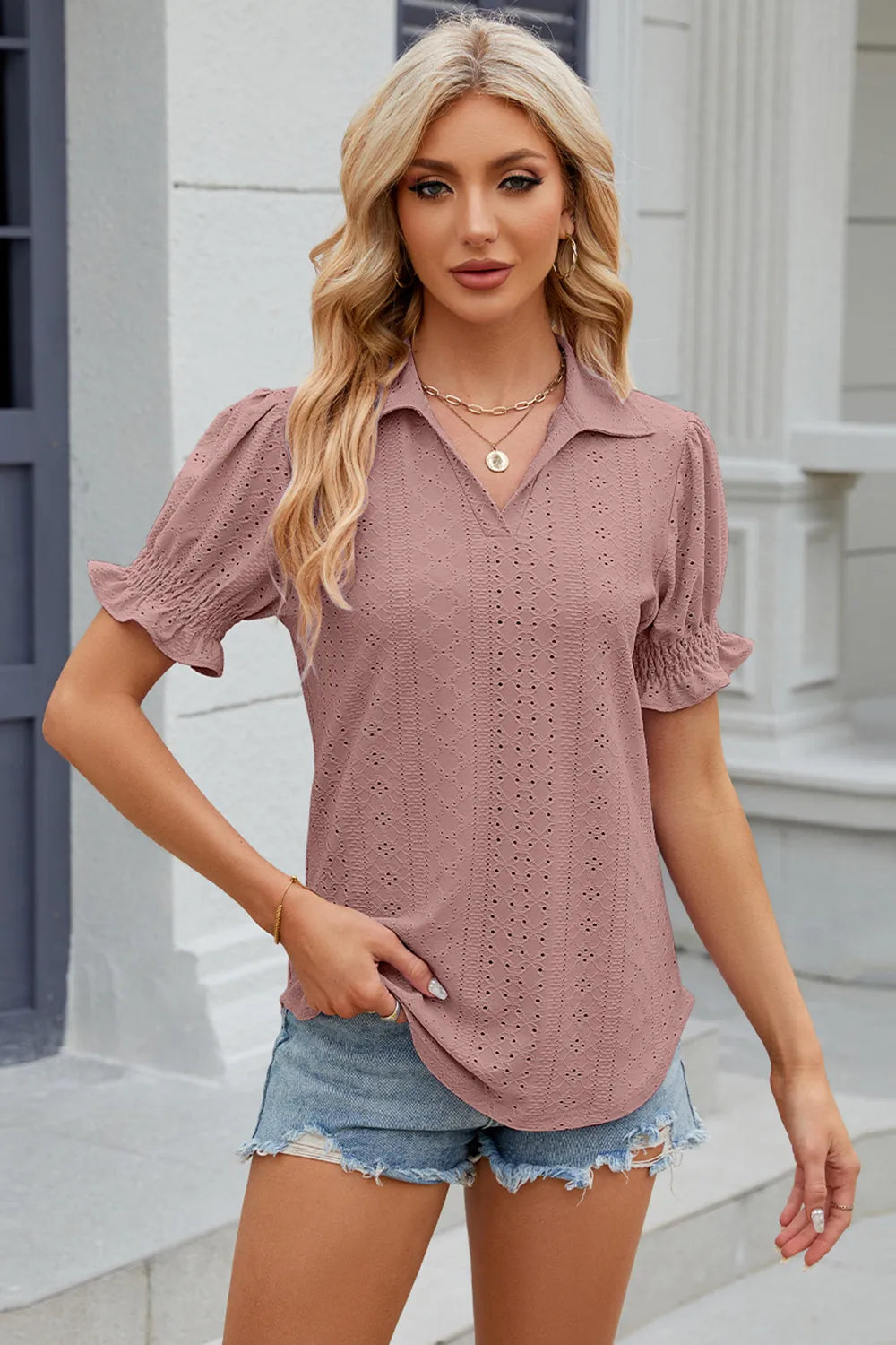 Eyelet Johnny Collar Short Sleeve Blouse (14)