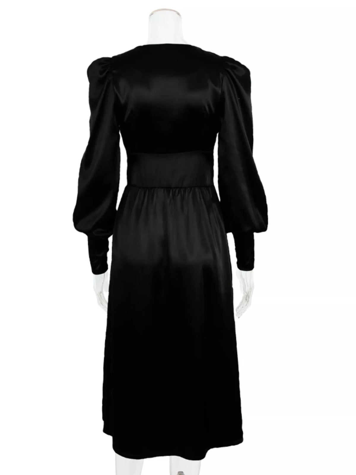 Elegant V-neck Puff Sleeve Button-down Midi Dress (20)