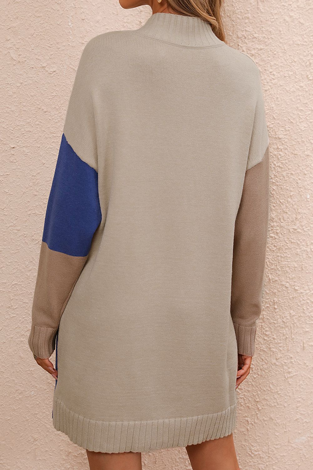 Block Mock Neck Dropped Shoulder Sweater Dress (8)