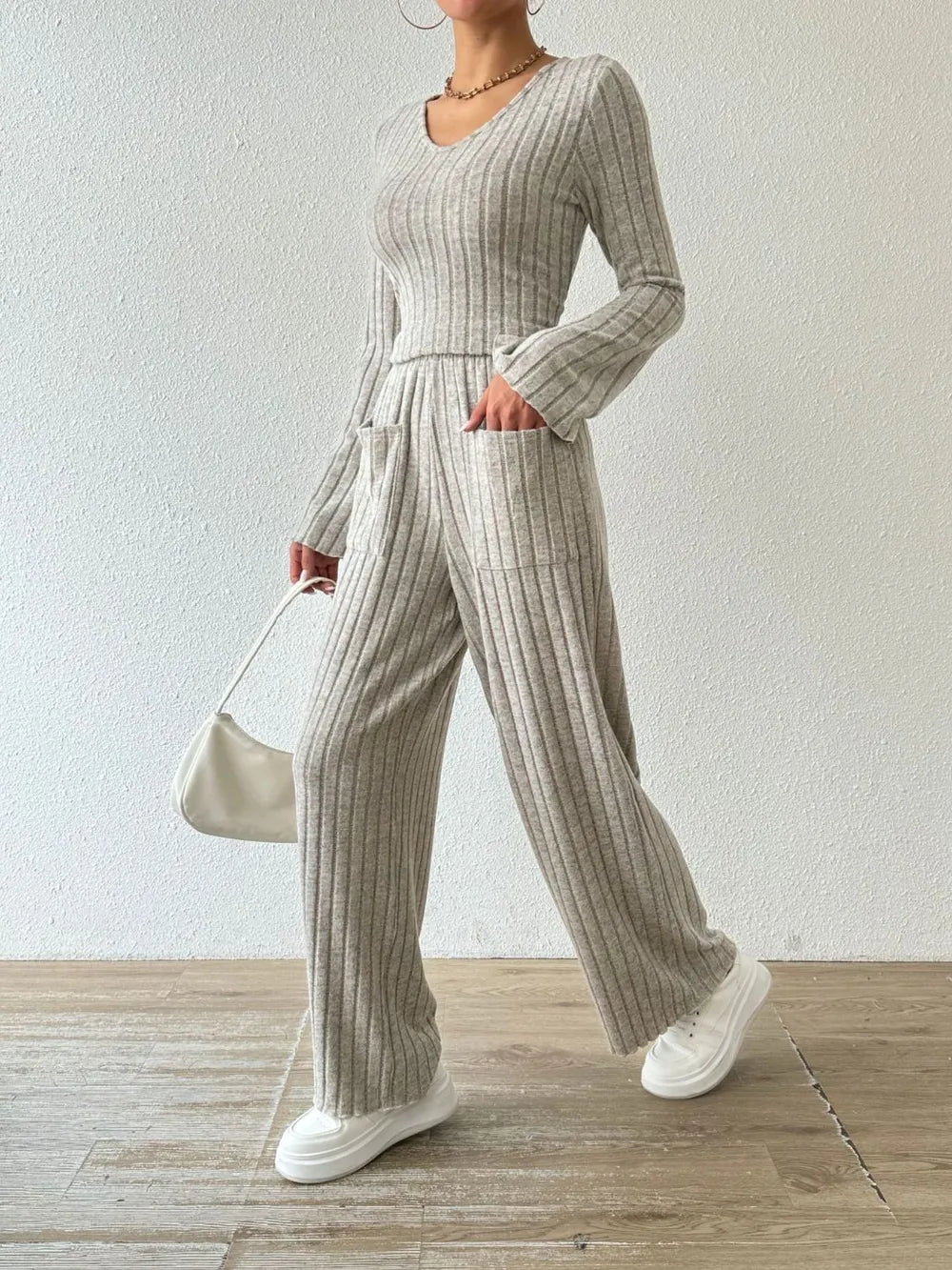 Ribbed V-neck Long Sleeve Top Pocketed Pants Set (3)