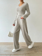 Ribbed V-neck Long Sleeve Top Pocketed Pants Set (3)