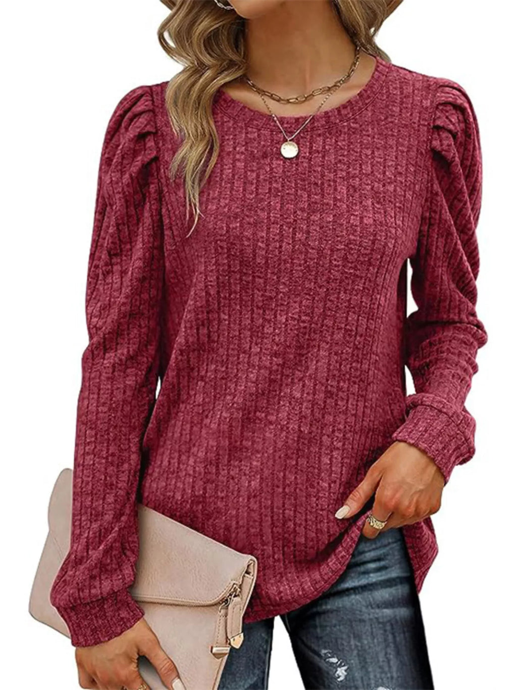 Ribbed Knit Top Puff Sleeves