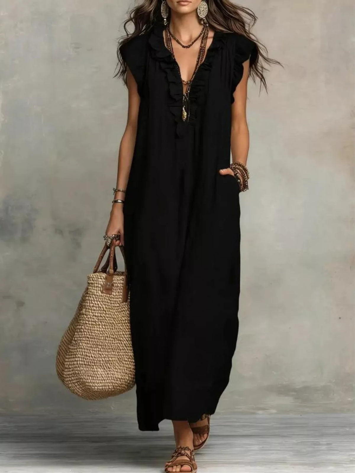 Full Size Bohemian Ruffle Neck Maxi Dress Plus (3)