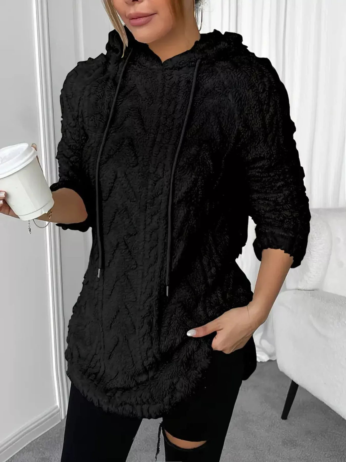 Cozy Textured Drawstring Fleece Hoodie (6)