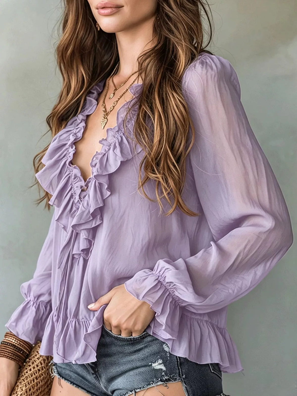 Ruffle V-neck Long Sleeve Blouse (18)