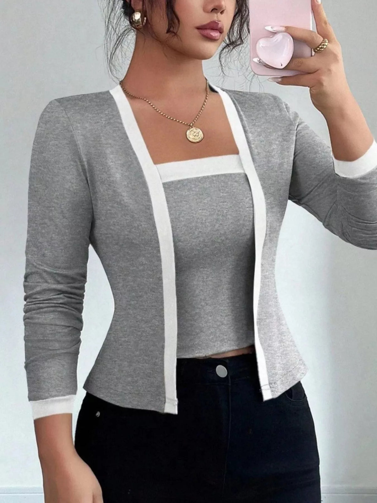 Contrast Trim Cardigan Tank Top Set (9)