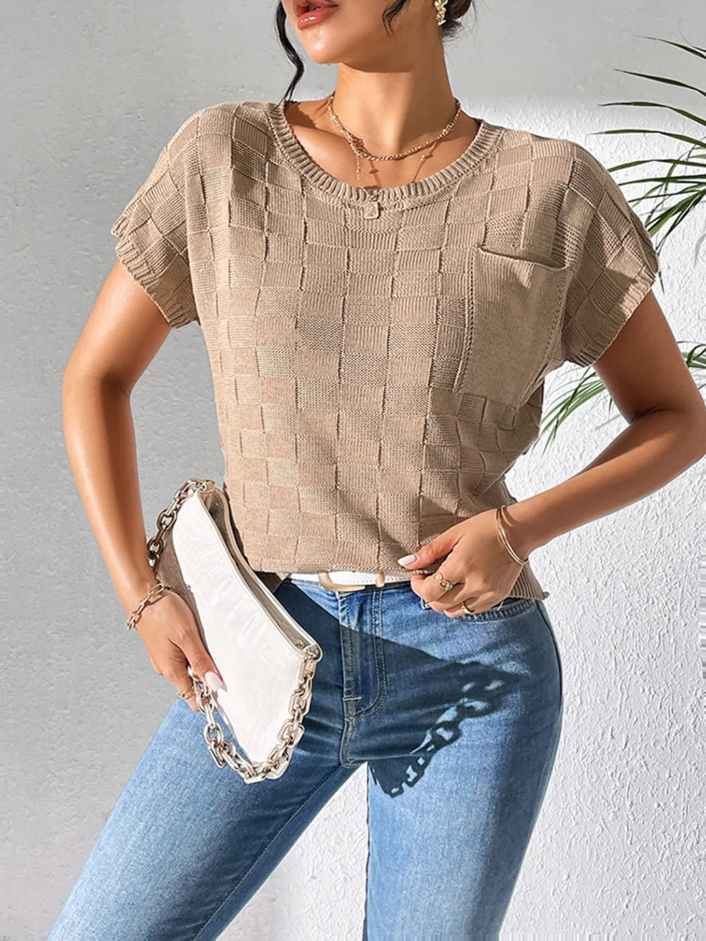 Round Neck Short Sleeve Knit Top (18)