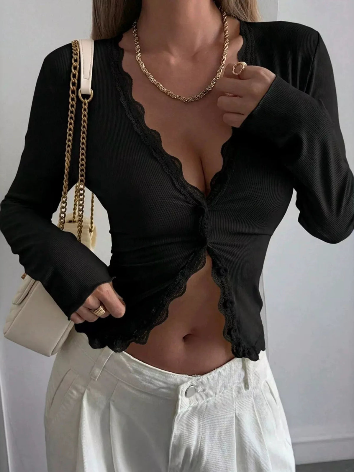 Lace Trim V-neck Ribbed Long Sleeve Blouse (14)