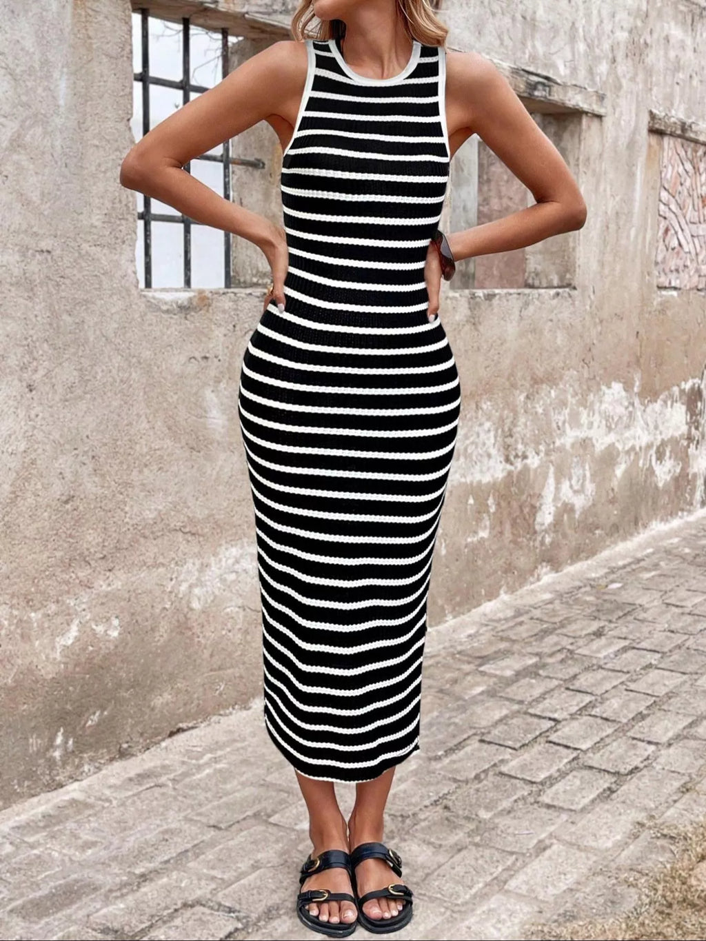 Striped Sleeveless Bodycon Midi Dress (22)