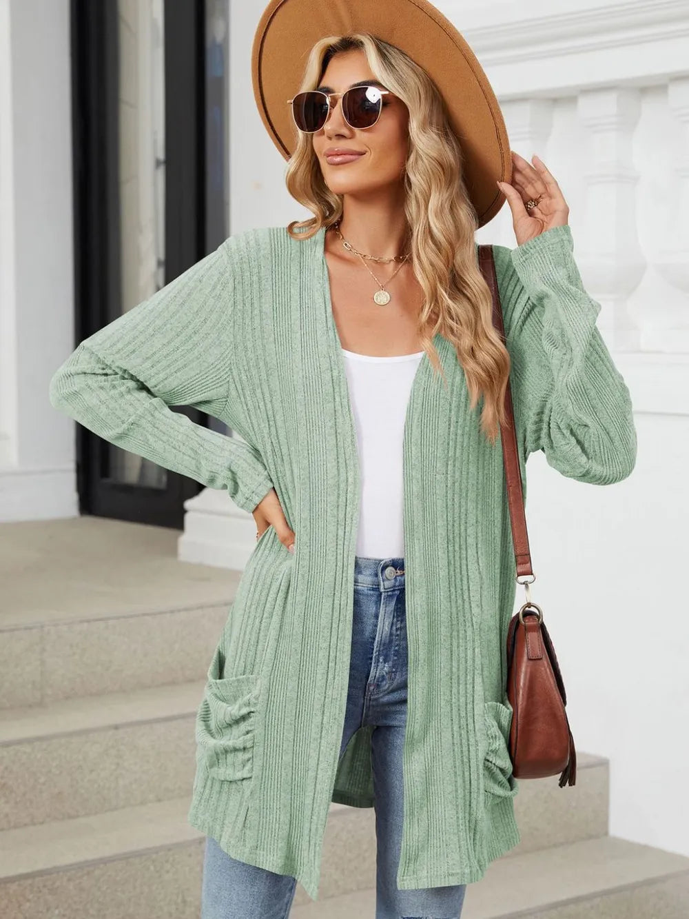 Pocketed Open Front Long Sleeve Cardigan (39)