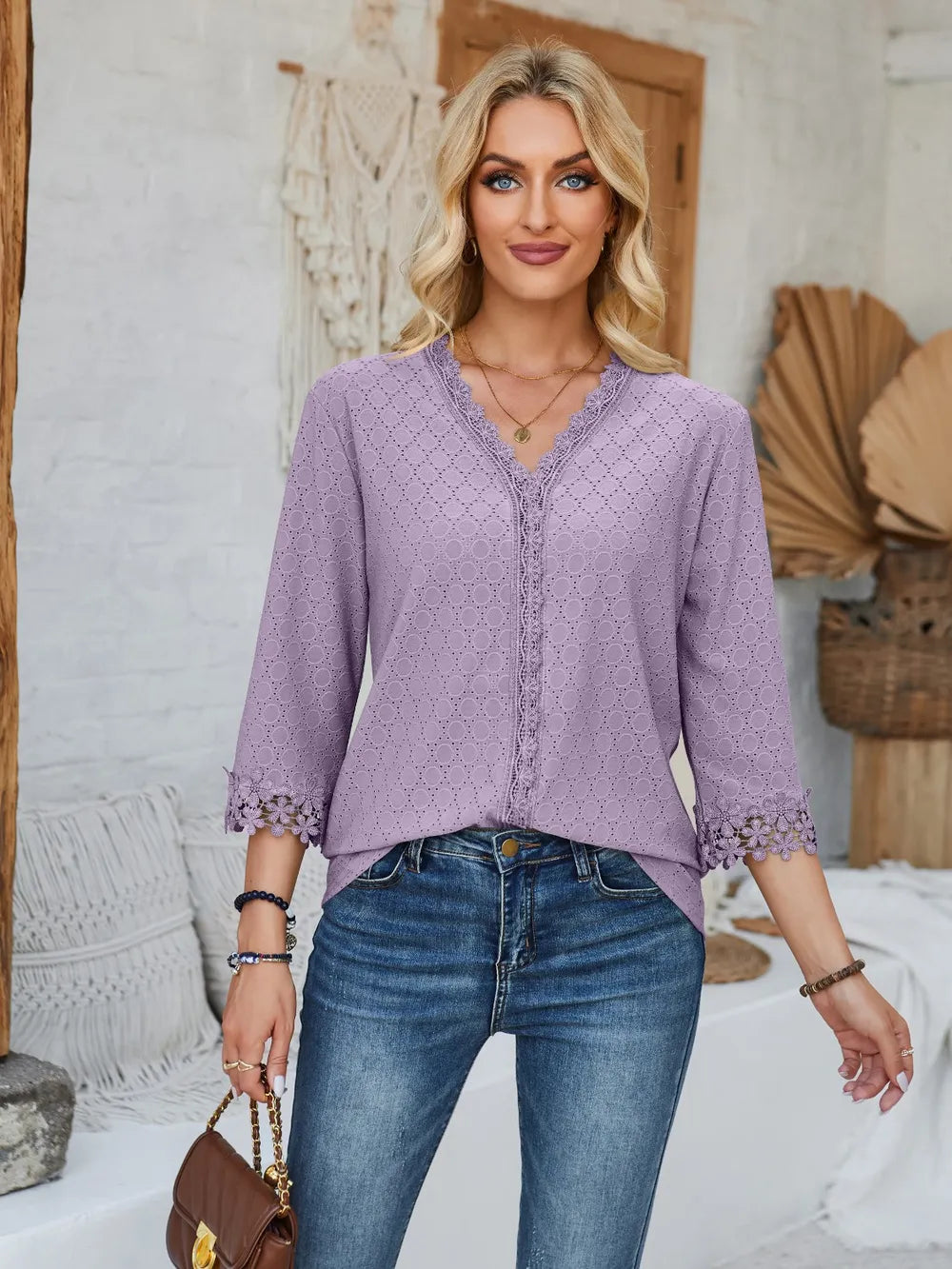 Lace Detail V-neck Three-quarter Sleeve Blouse (23)