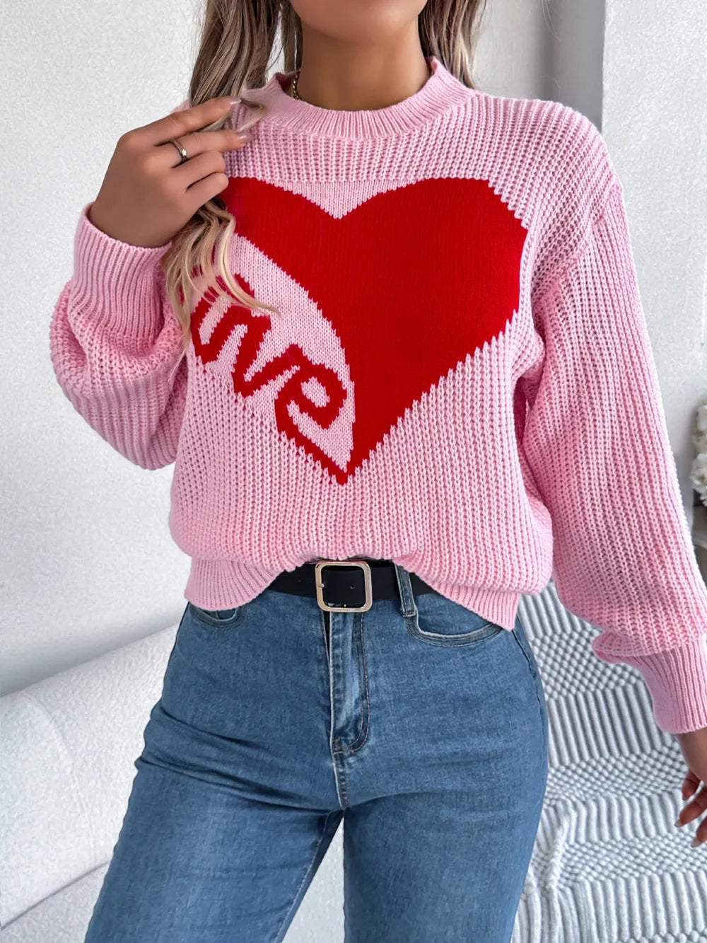 Love Heart Round Neck Dropped Shoulder Sweater (4)