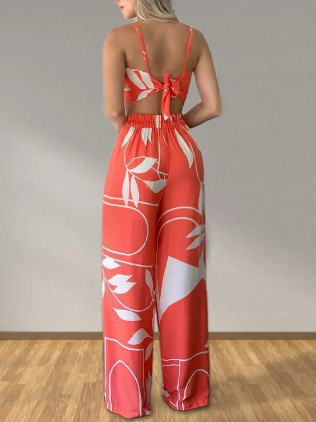 Tropical Print Spaghetti Strap Crop Top Wide Leg Pants Set (8)