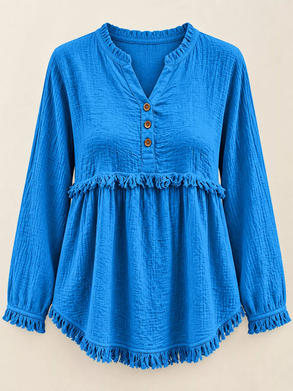 Full Size Frayed Hem Button Detail Blouse Plus (4)