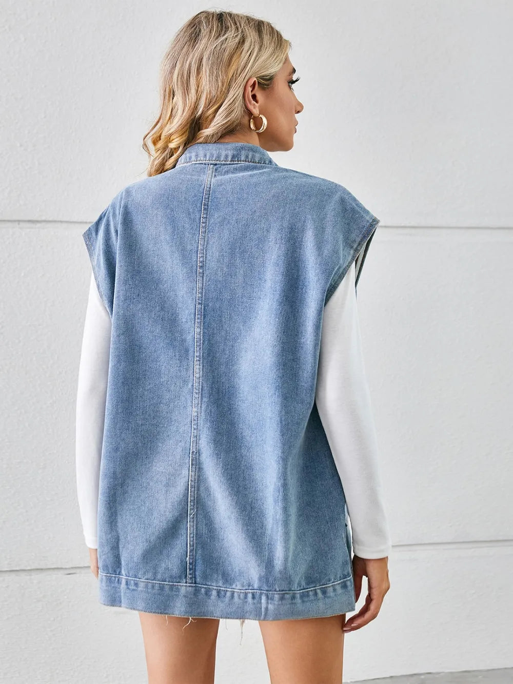 Pocketed Button Up Sleeveless Denim Jacket (5)