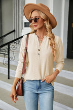 Notched Neck Long Sleeve Buttoned Blouse (14)