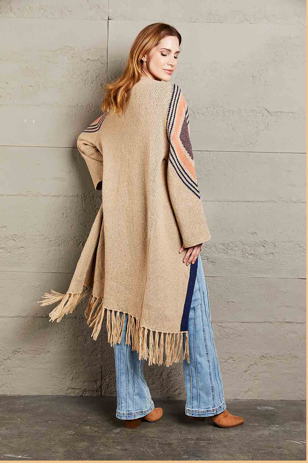Geometric Fringe Hem Open Front Duster Cardigan (2)