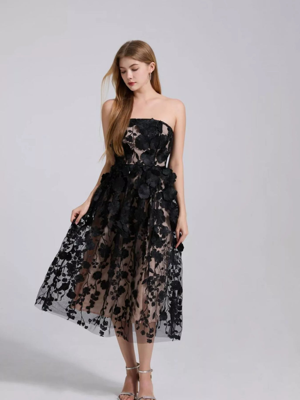 Floral Applique Strapless Midi Dress (5)