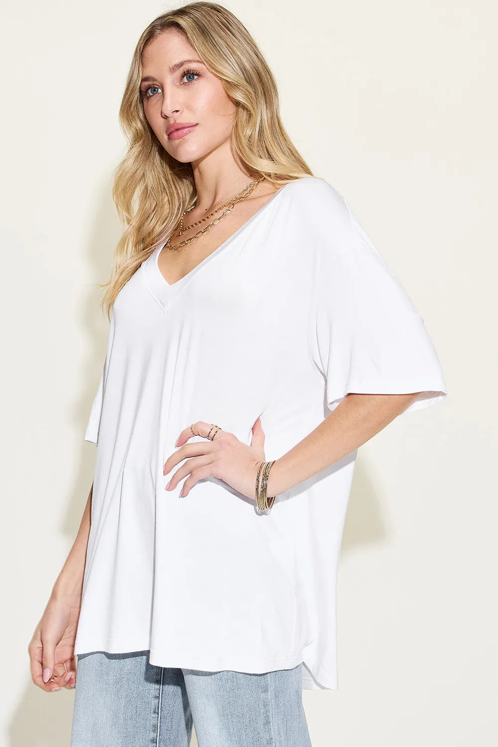 Full Size Bamboo V-neck Drop Shoulder T-shirt (13)