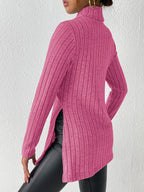 Ribbed Turtleneck Long Sleeve Slit T-shirt (6)