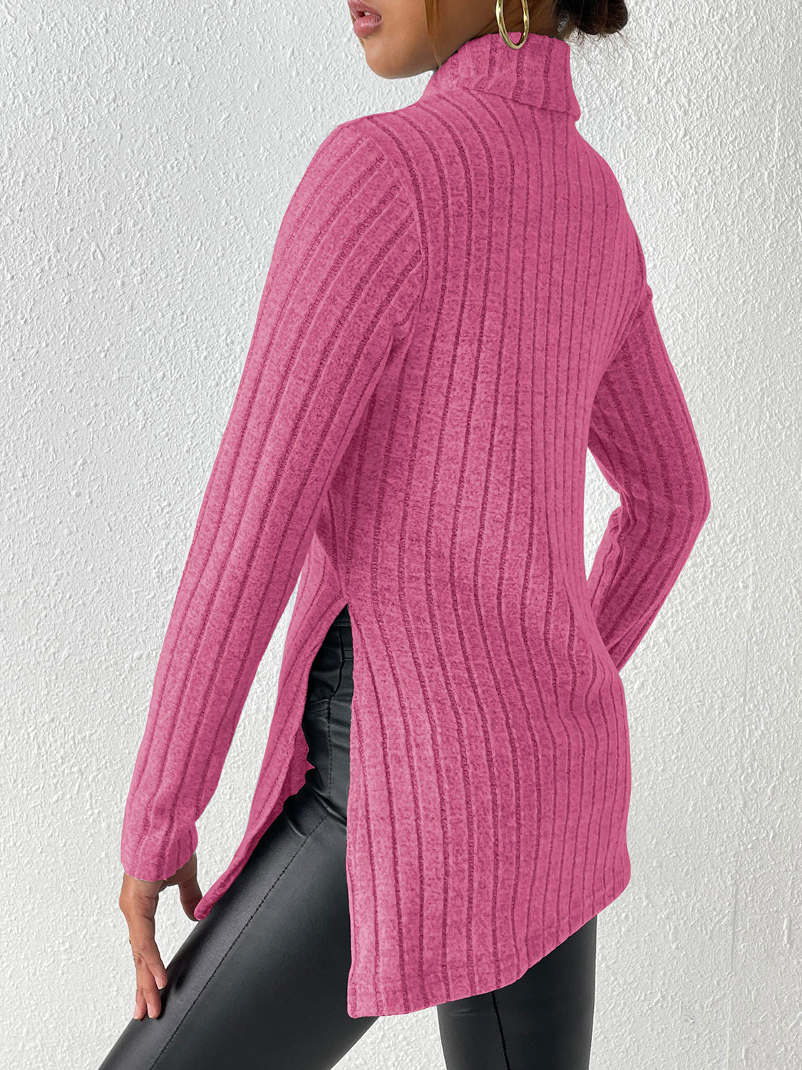 Ribbed Turtleneck Long Sleeve Slit T-shirt (6)
