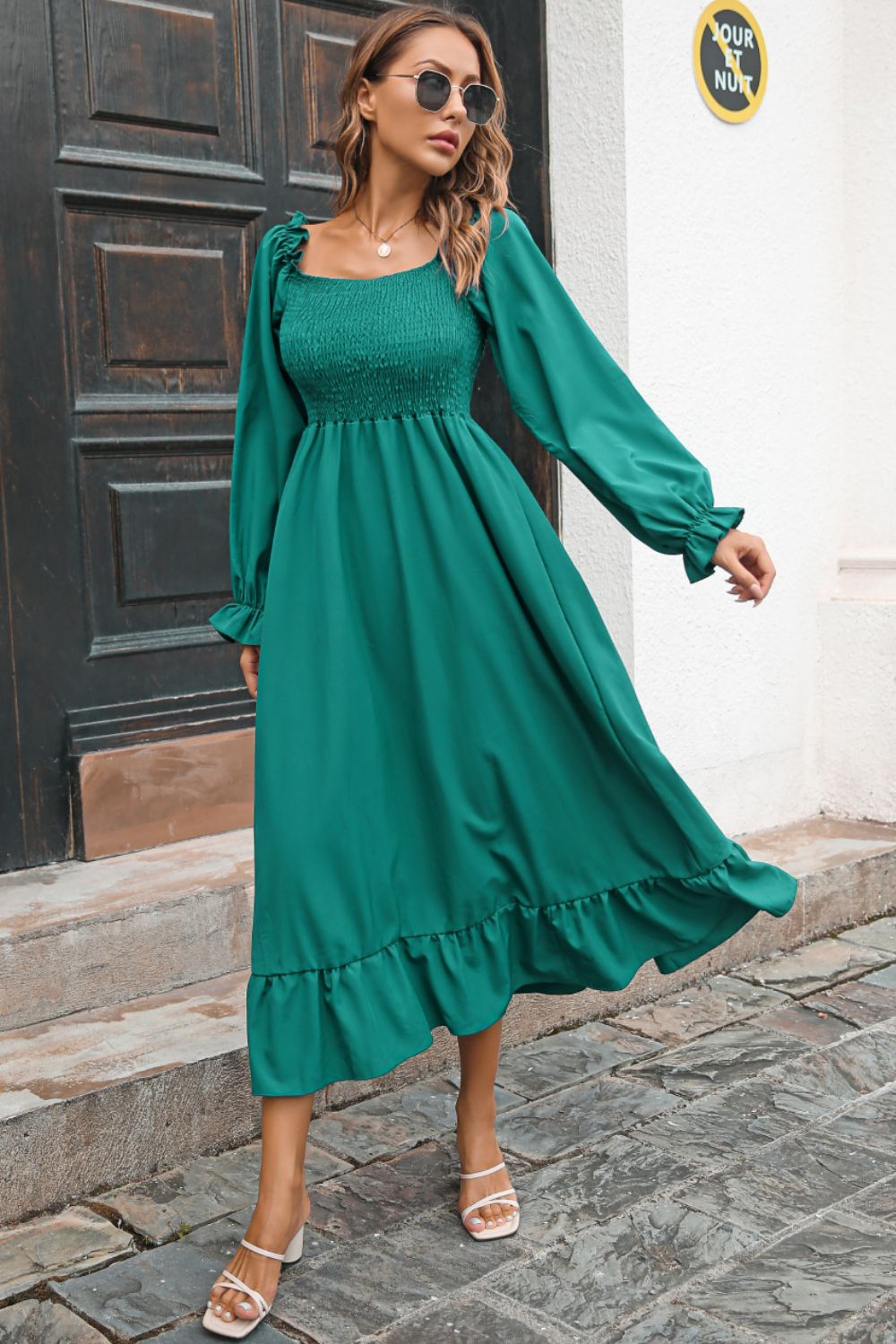 Smocked Ruffle Hem Flounce Sleeve Dress (19)