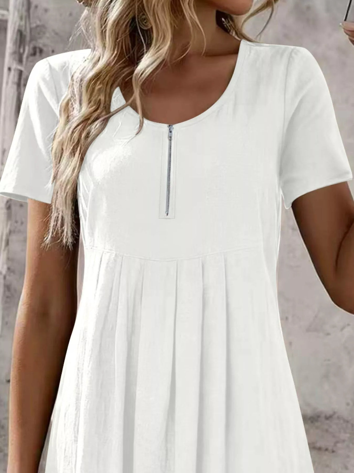 Zipper-front Short Sleeve A-line Dress (2)