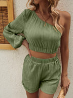 One Shoulder Long Sleeve Top Shorts Set