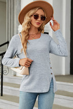 Slit Decorative Button Square Neck T-shirt (17)