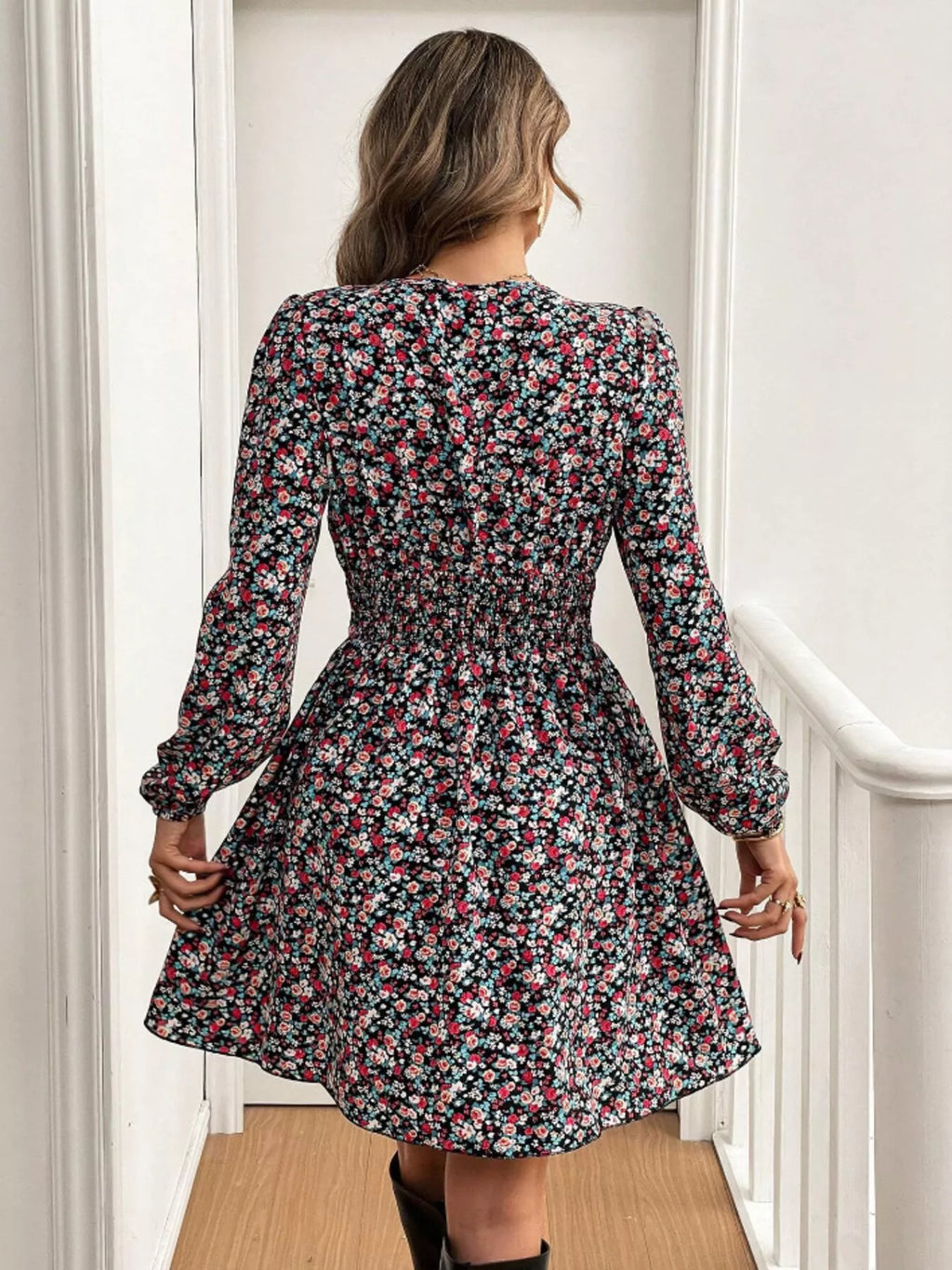 Printed Balloon Sleeve Mini Dress (6)