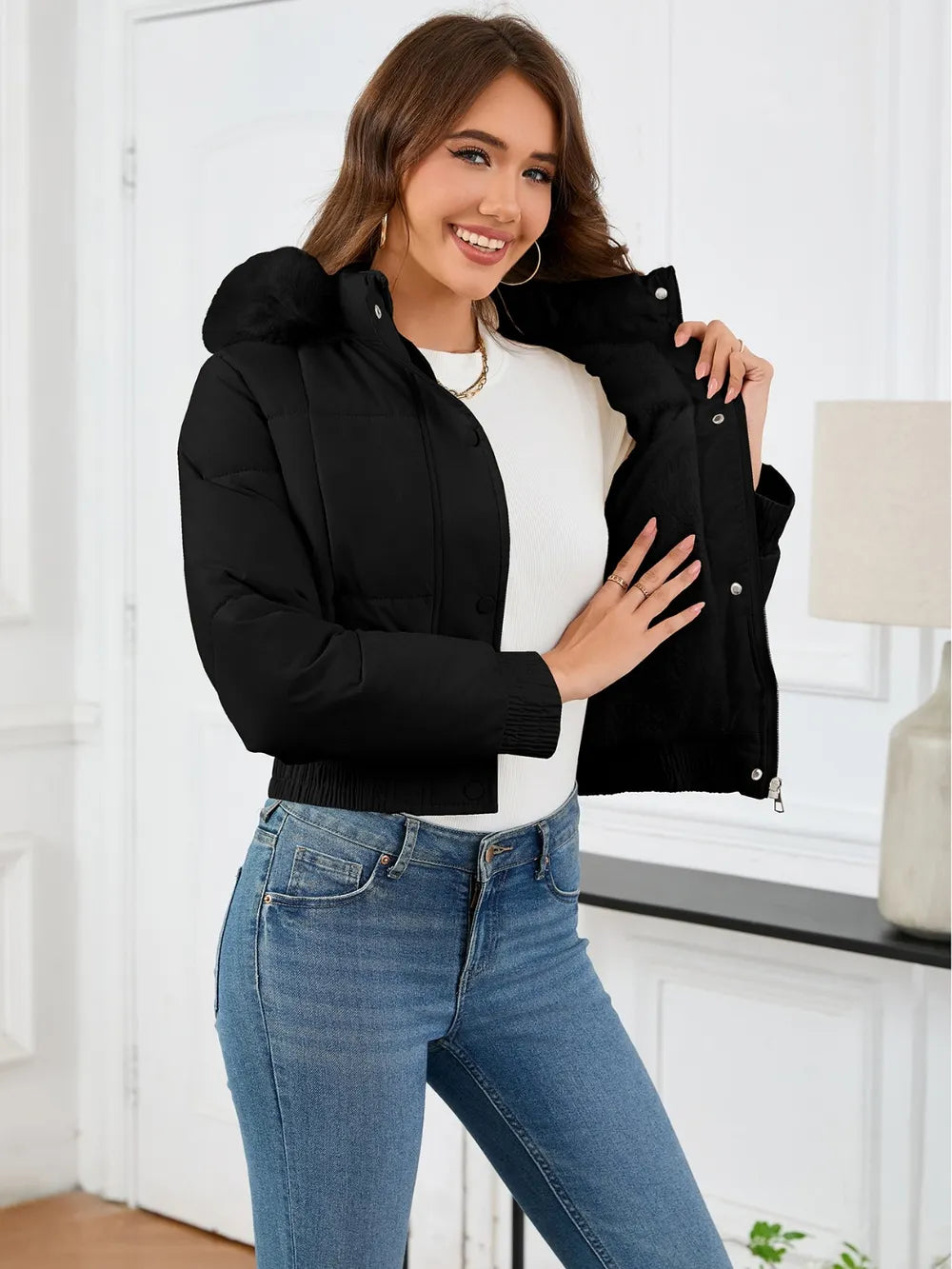 Pocketed Long Sleeve Cropped Hooded Winter Coat (14)