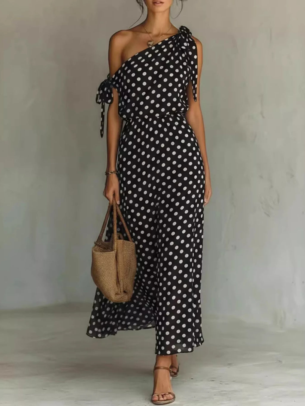 Full Size Polka Dot One-shoulder Maxi Dress Plus