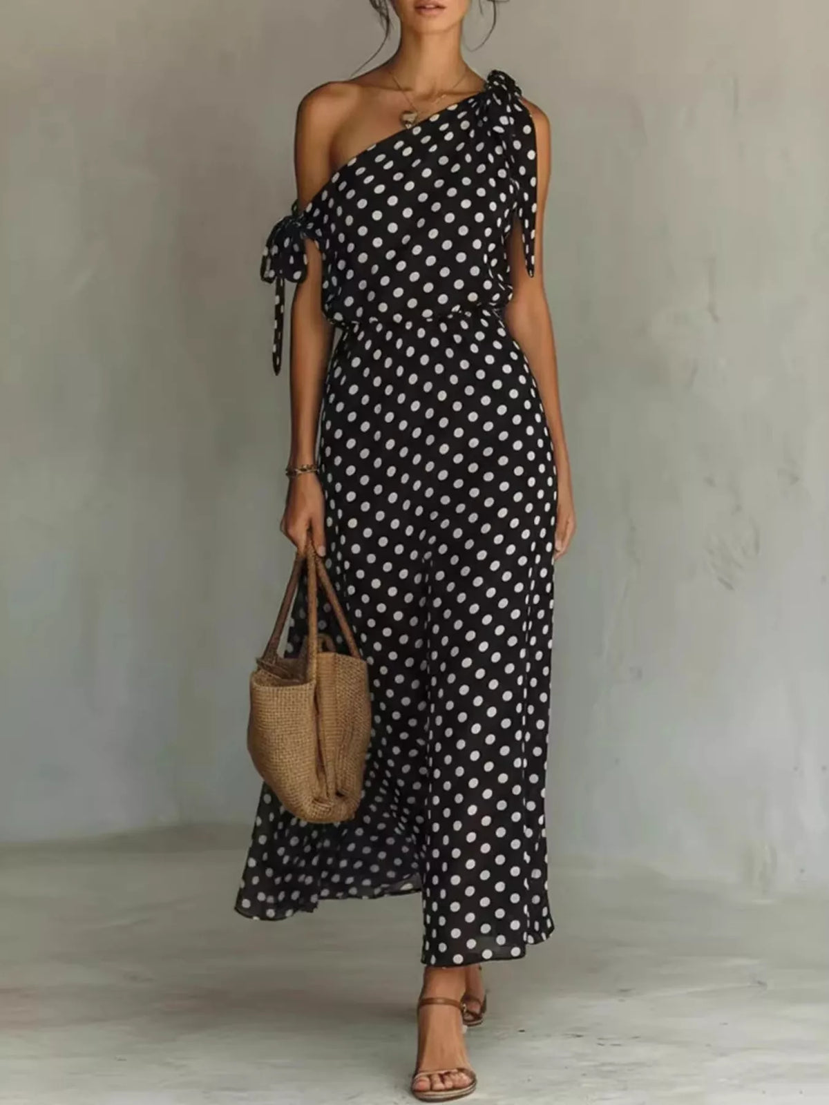 Full Size Polka Dot One-shoulder Maxi Dress Plus