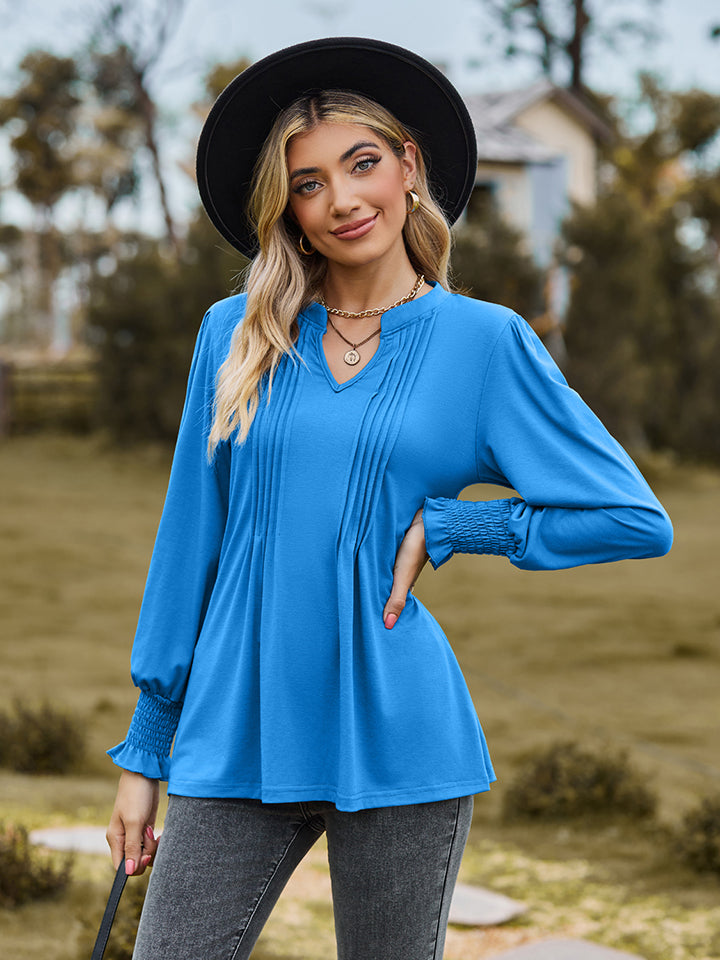 Notched Neck Flounce Sleeve Blouse (3)