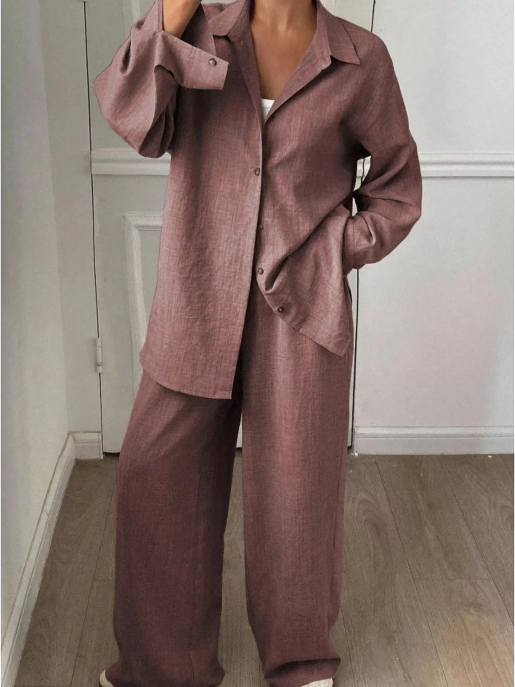 Button Up Long Sleeve Shirt Wide Leg Pants Set (9)