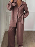 Button Up Long Sleeve Shirt Wide Leg Pants Set (9)