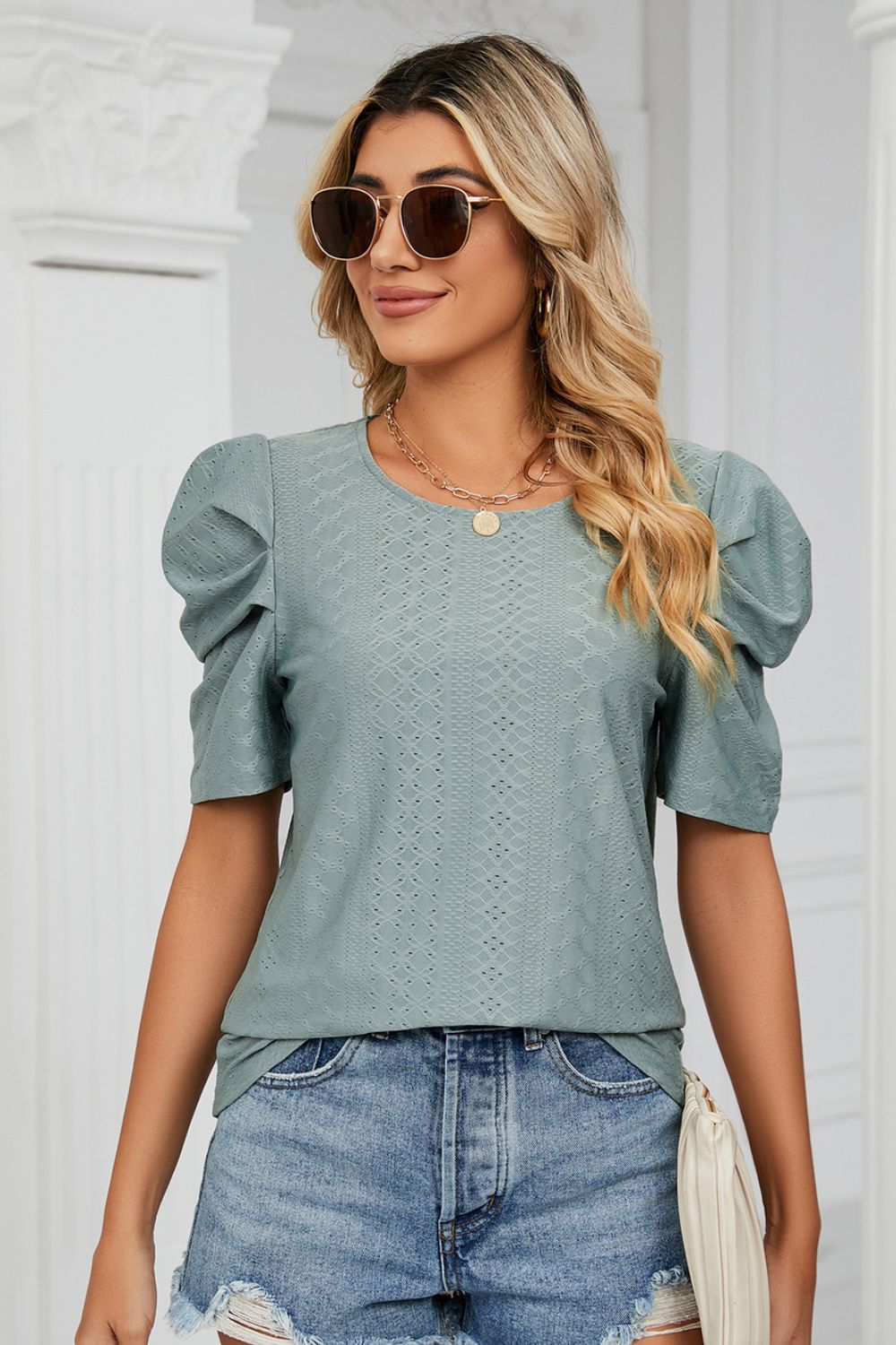 Eyelet Puff Sleeve Round Neck Blouse (8)