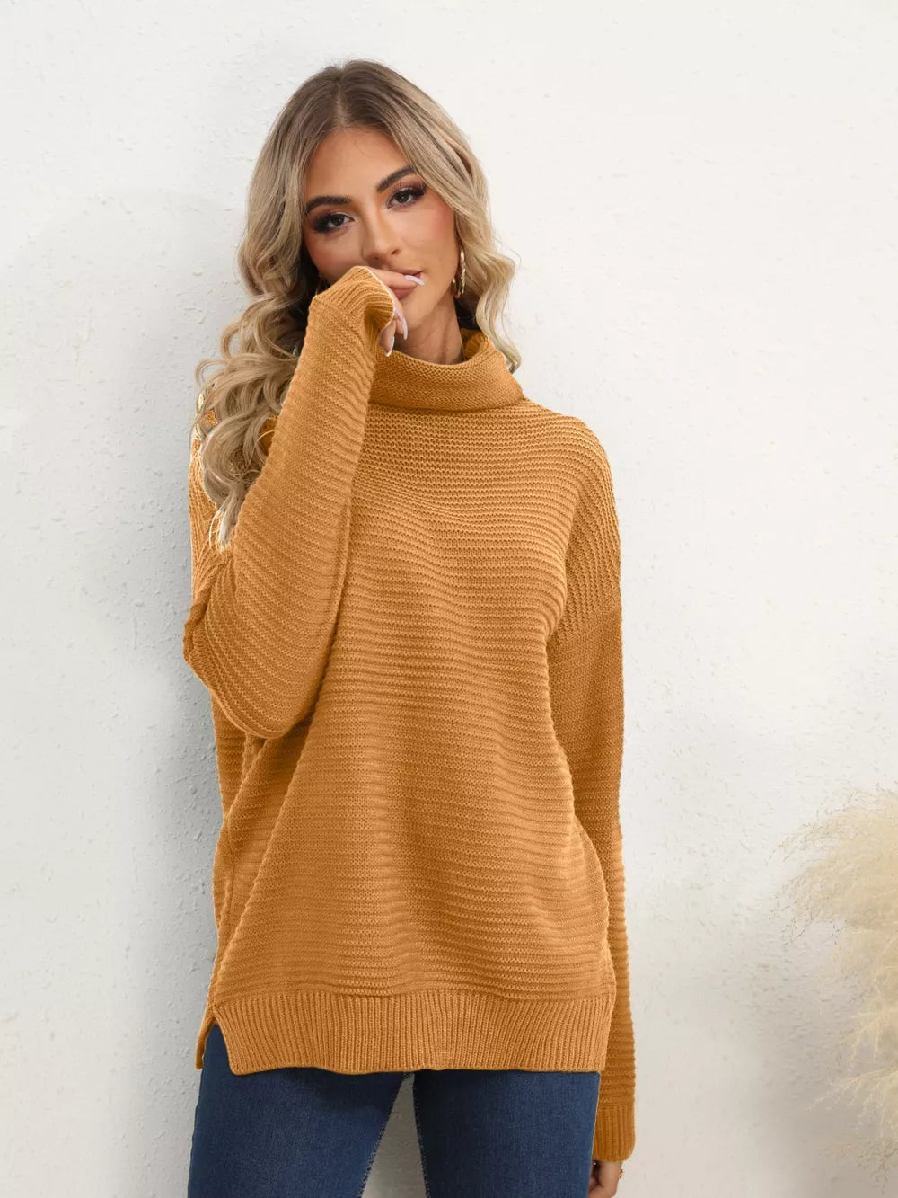 Slit Turtleneck Dropped Shoulder Sweater (15)