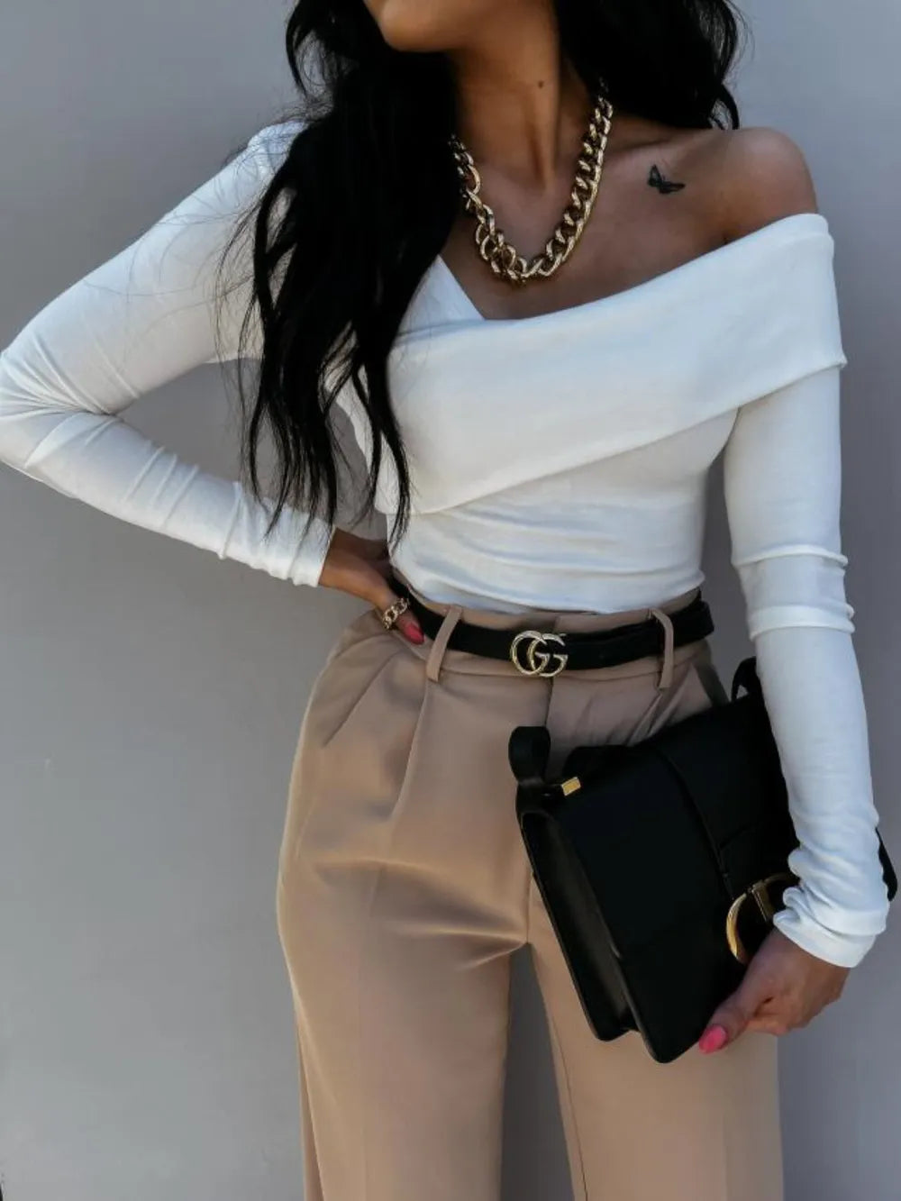 Asymmetrical Single Shoulder Long Sleeve T-shirt (11)